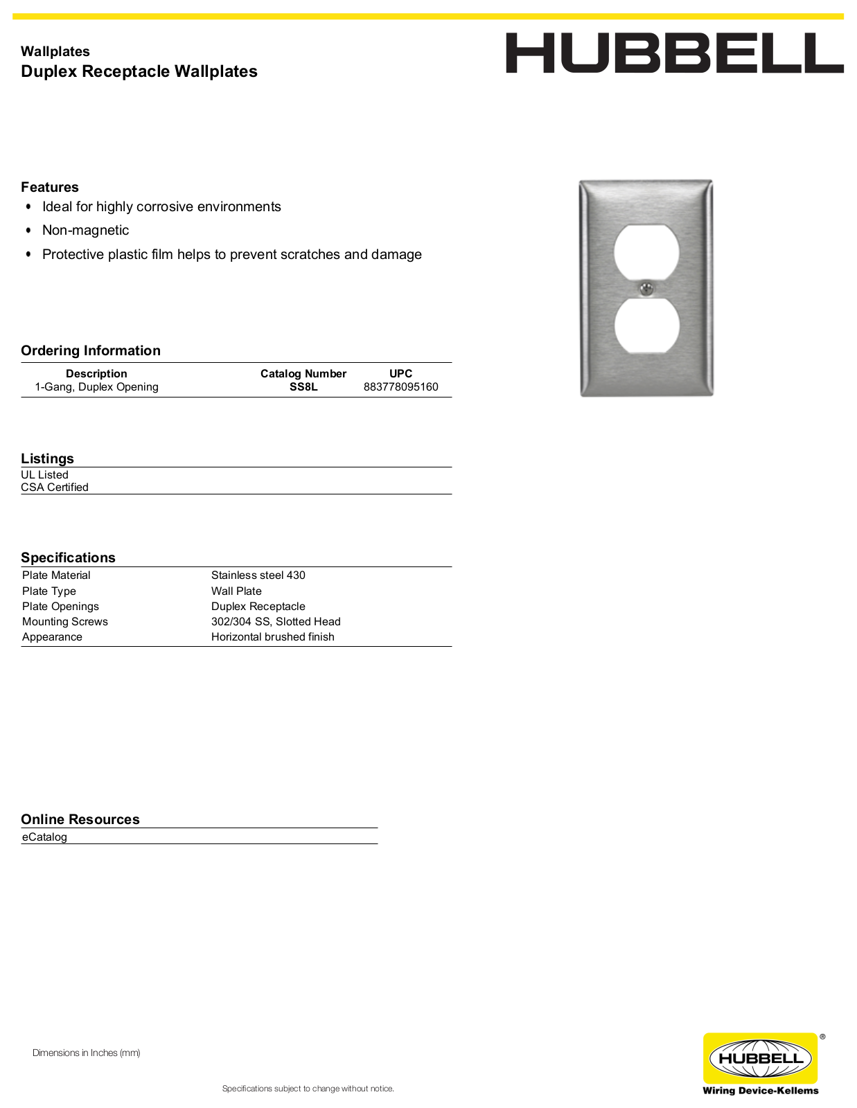 Hubbell SS8L Specifications