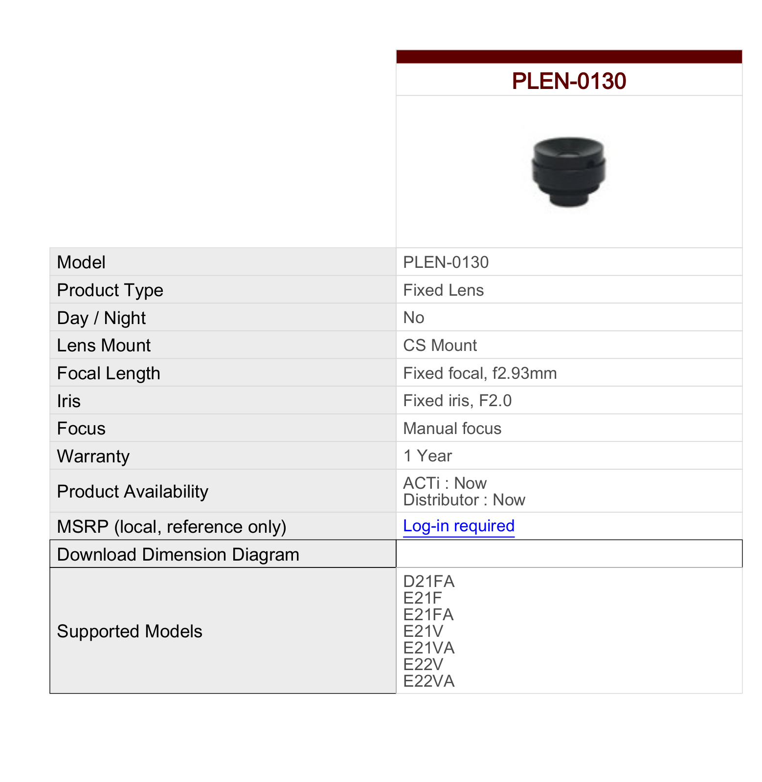 ACTi PLEN-0130 Specsheet