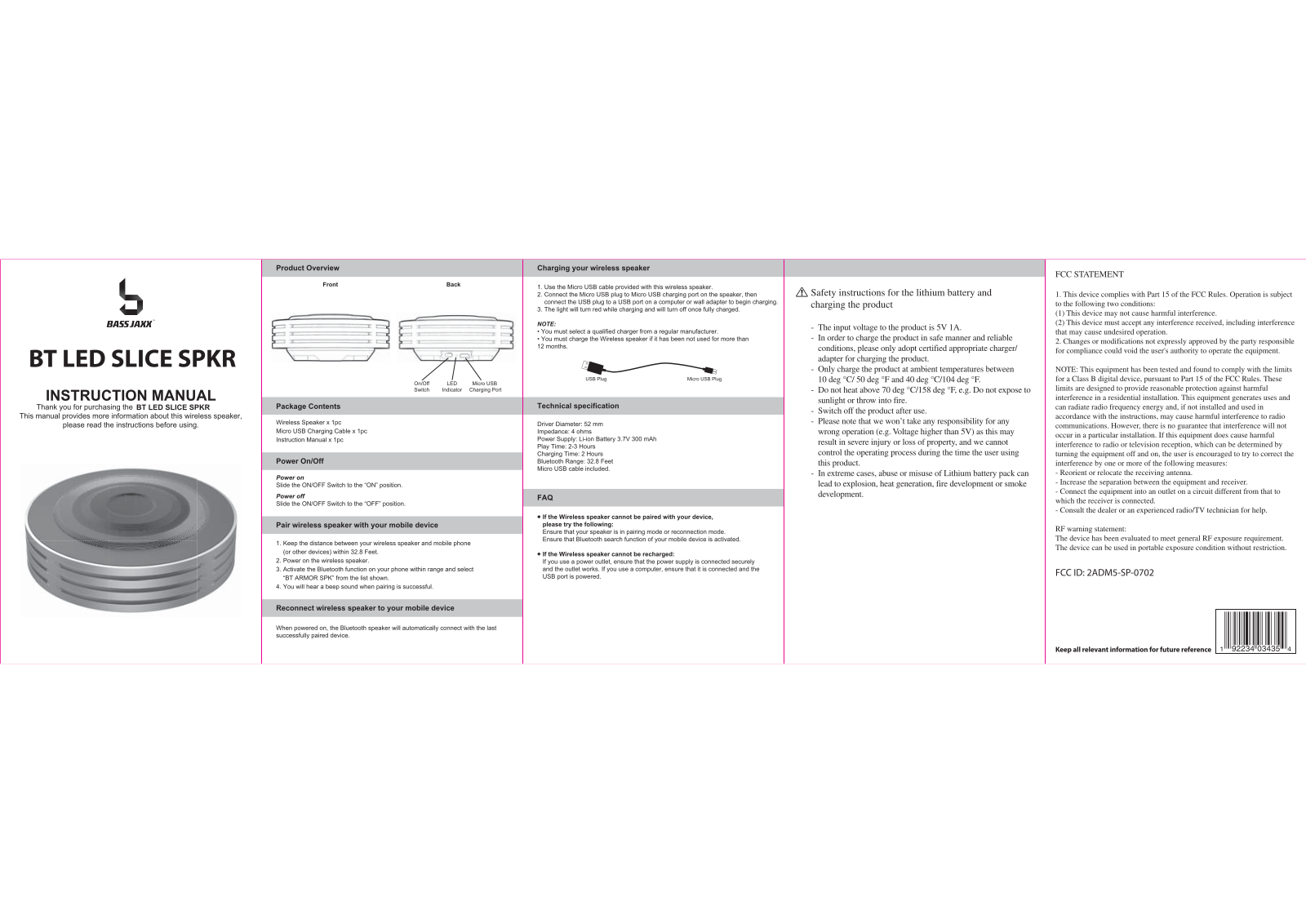 Bass Jaxx BT LED Slice Spkr User Manual