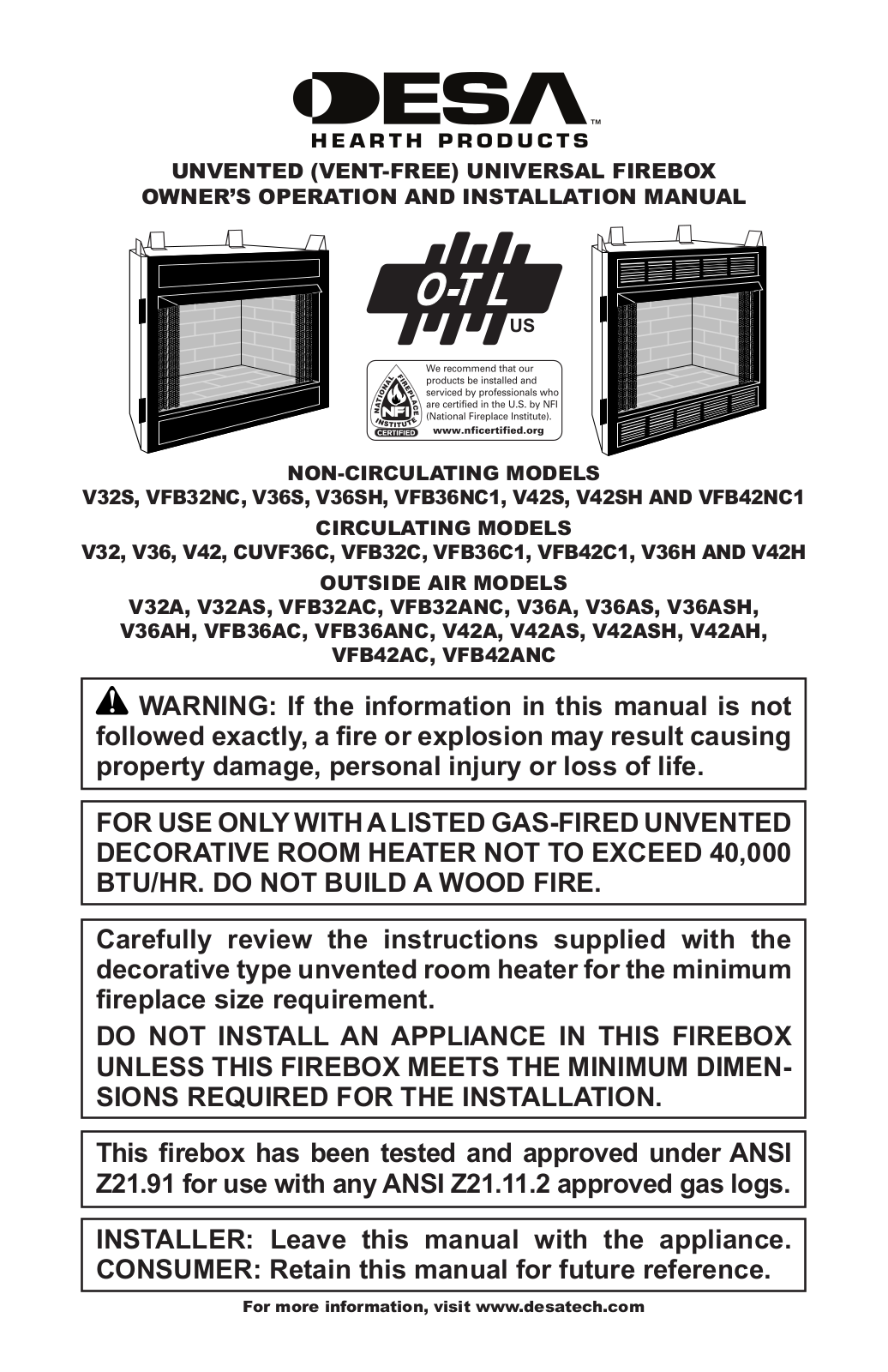 Desa VFB36NC1, V42S, V42SH, VFB42NC1, V32 Owner's Operation And Installation Manual