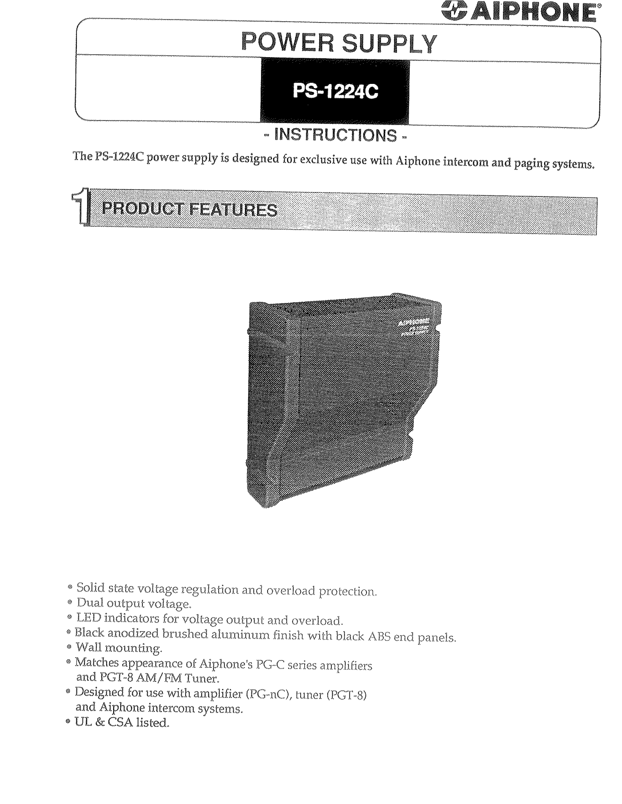 Aiphone PS-1224C Instruction Manual