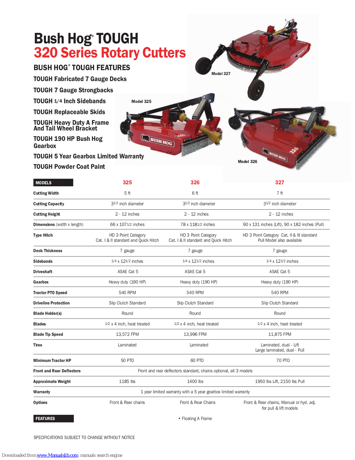 Bush Hog 326, 327, TOUGH 325, TOUGH 326, TOUGH 327 Specification Sheet