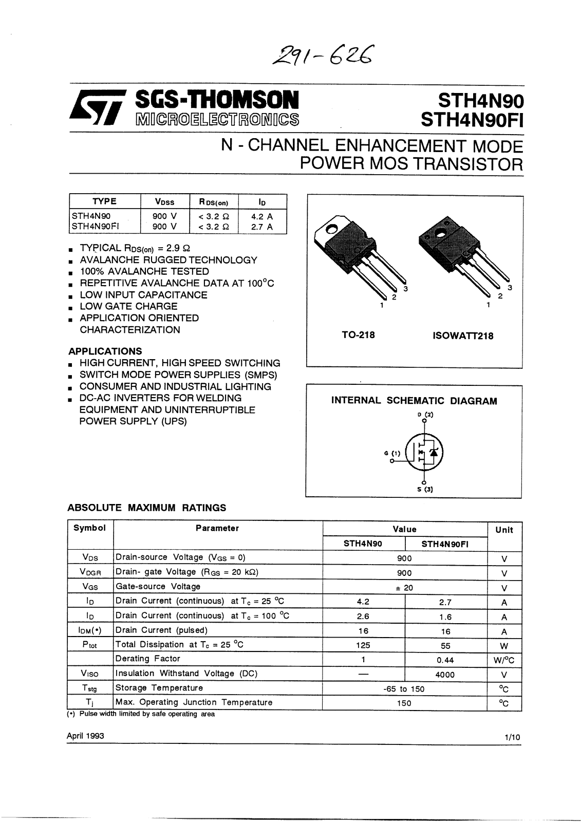 SGS Thomson Microelectronics STH4N90 Datasheet