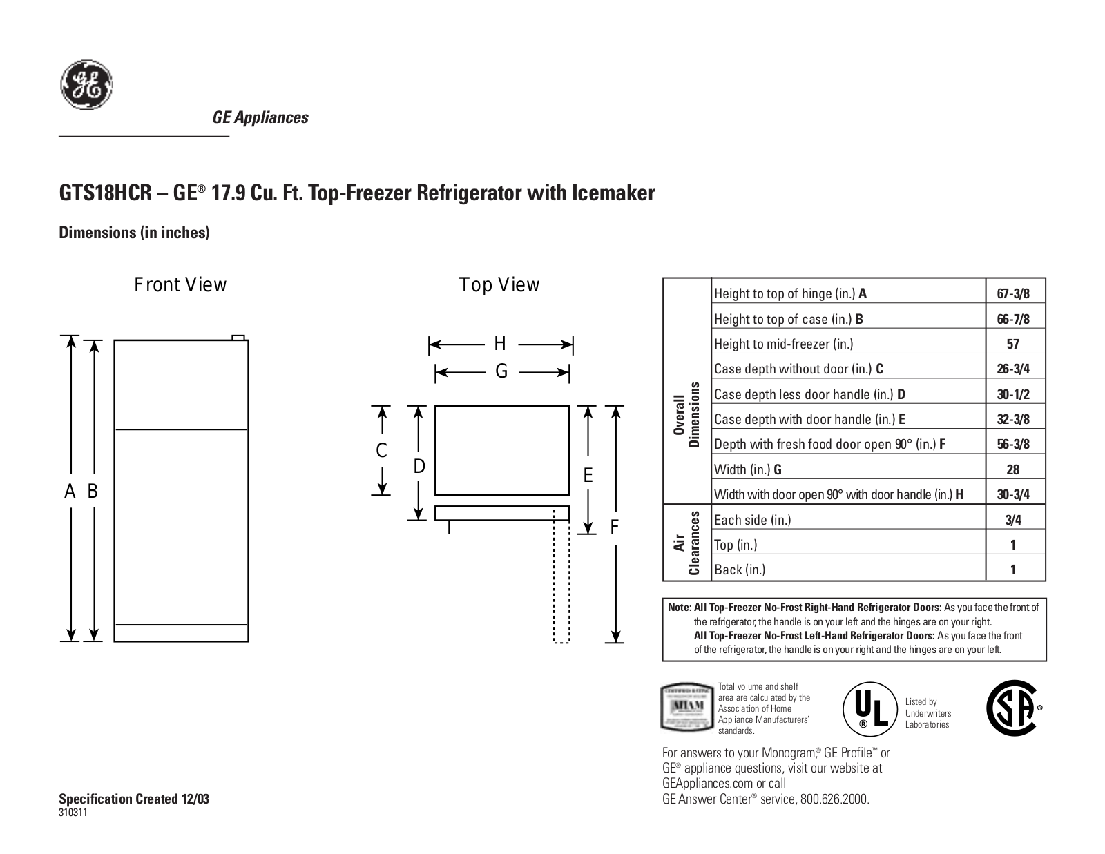 GE GTS18HCR Specification