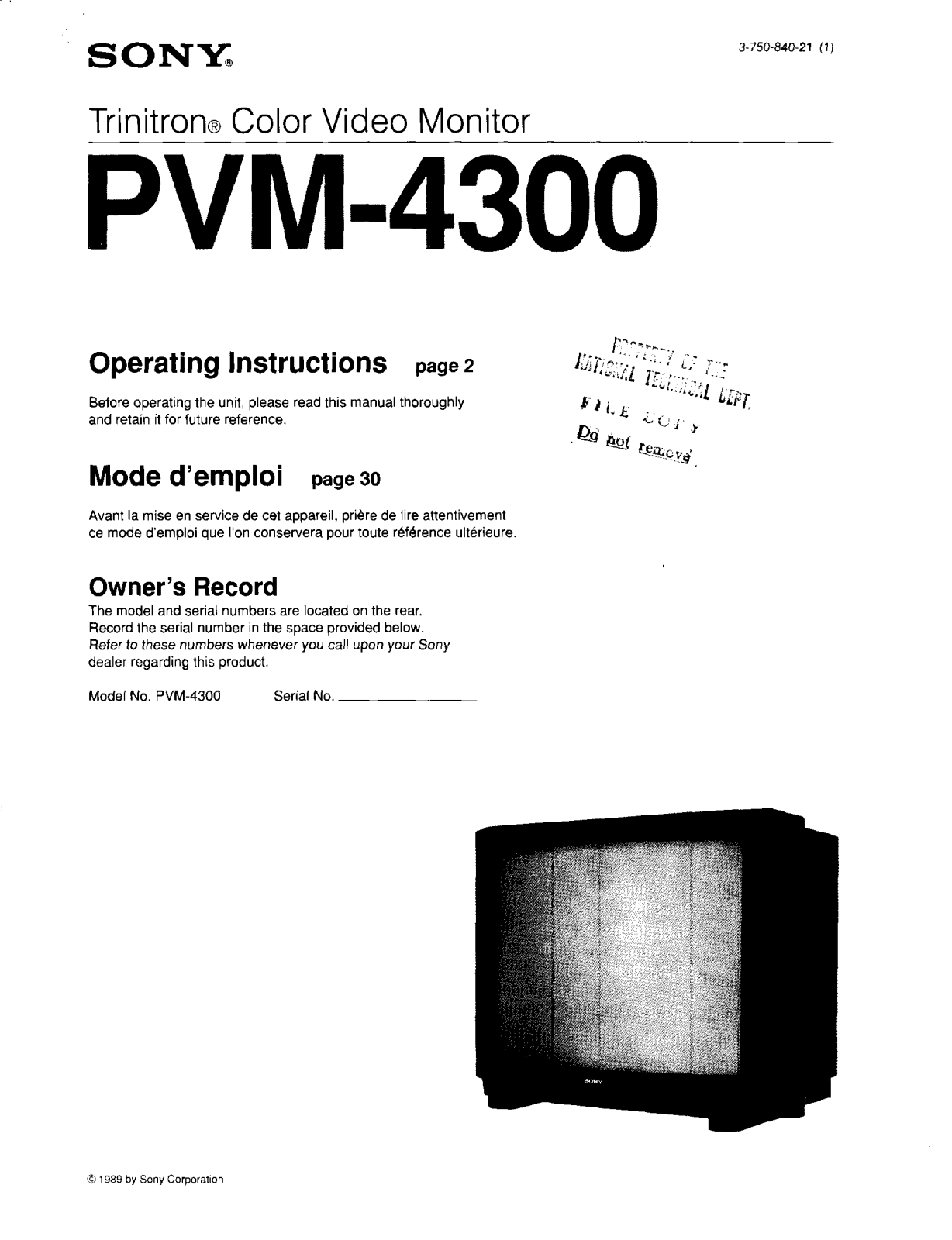 Sony PVM-4300 User Manual