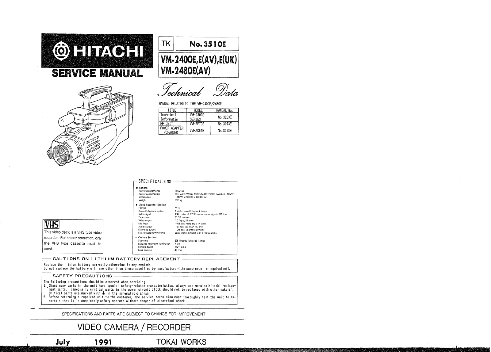 Hitachi VM-24BDE, VM-2400E User Manual