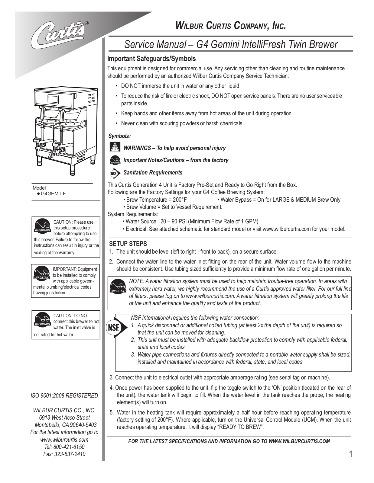 Wilbur Curtis G4GEMTIF User Manual