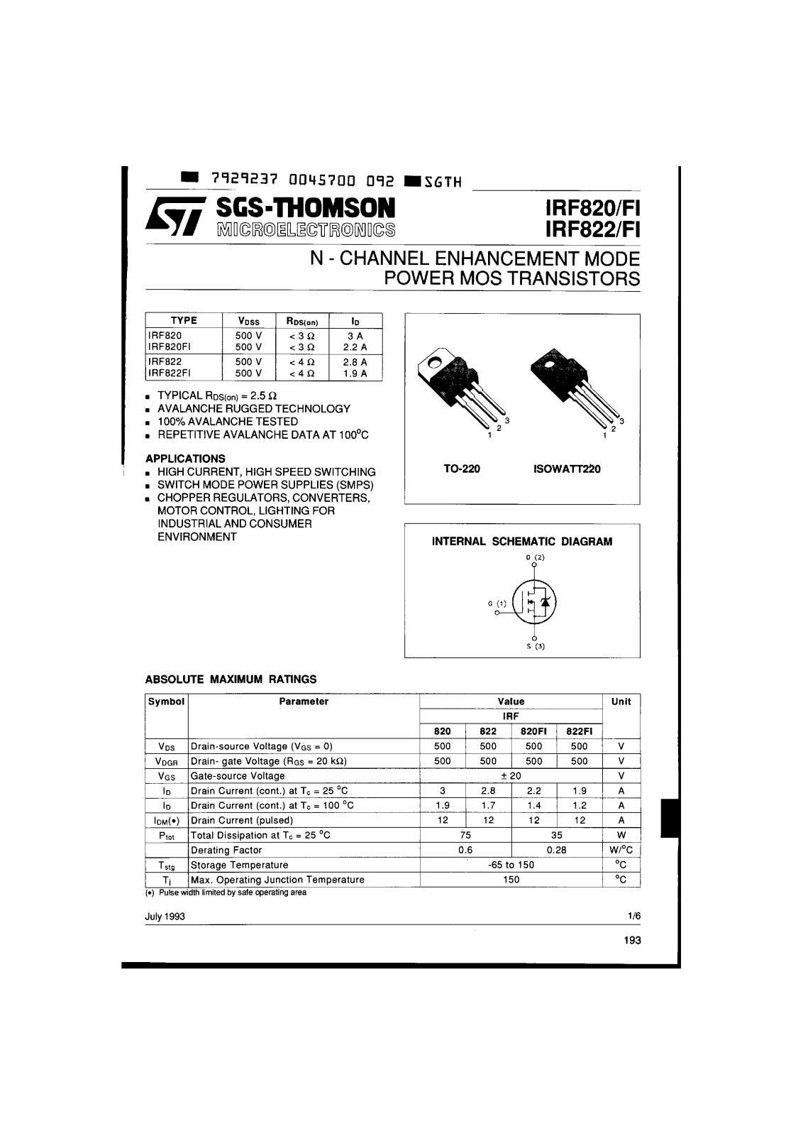 SGS Thomson Microelectronics IRF820, IRF822FI, IRF822, IRF820FI Datasheet