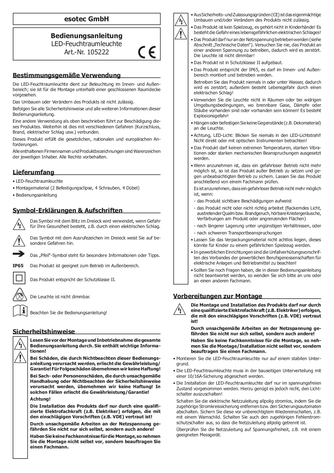 Esotec 105222 Operating Manual