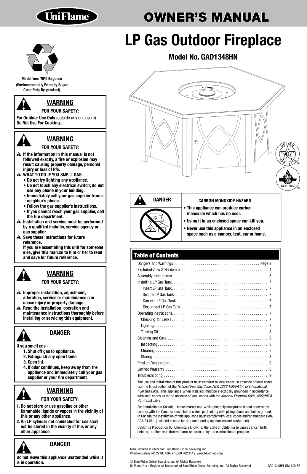 Uniflame GAD1348HN Owner's Manual