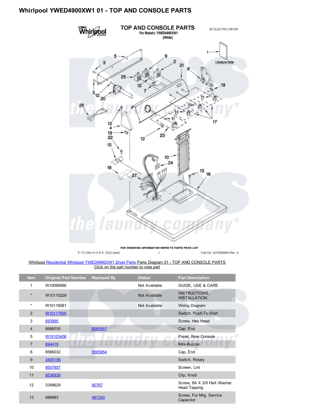 Whirlpool YWED4900XW1 Parts Diagram