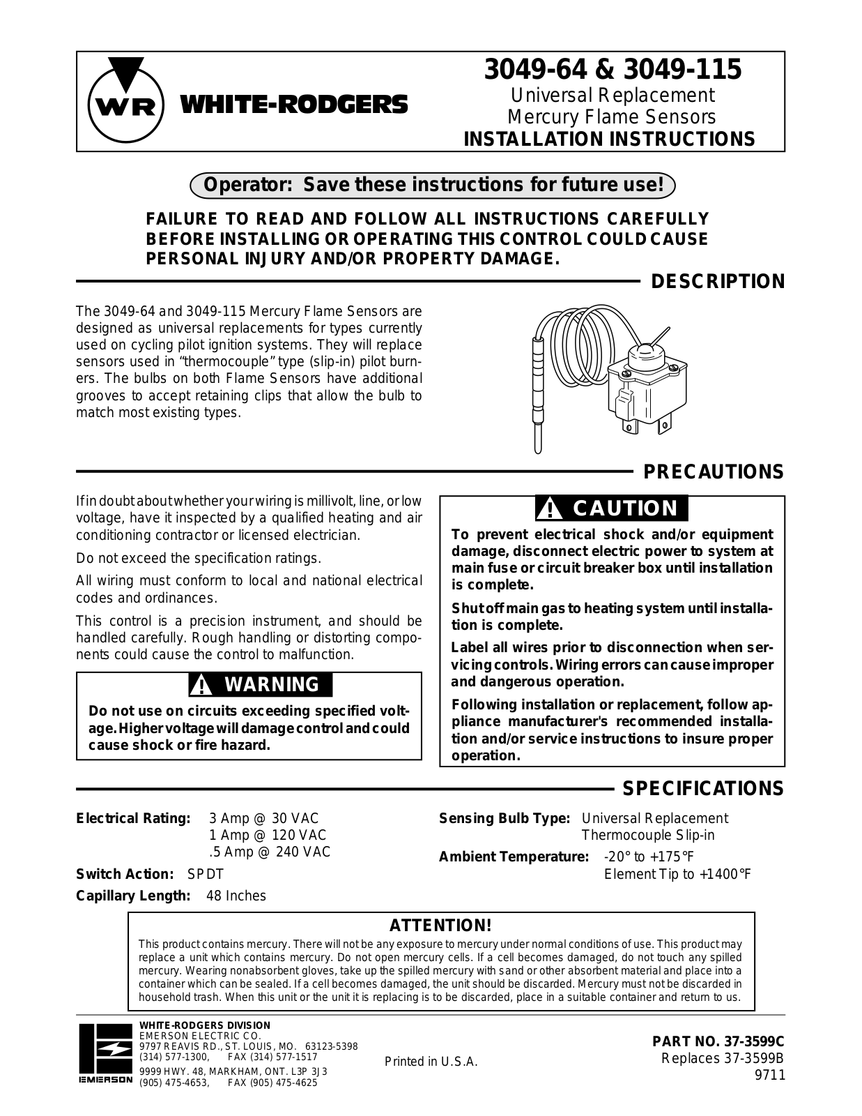 White Rodgers 3049-64, 3049-115 Installation Instructions