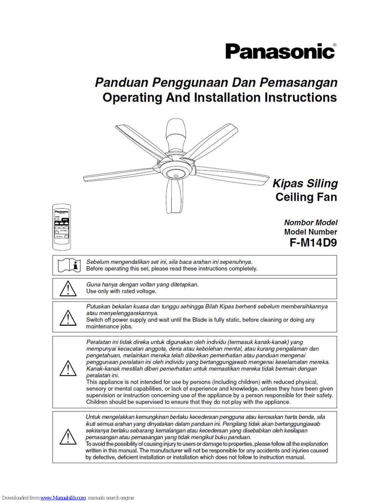 Panasonic F-M14D9 Operating And Installation Instruction