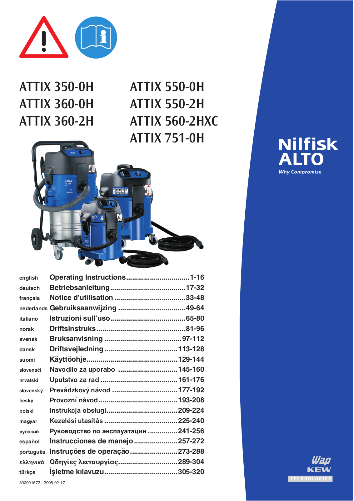 Nilfisk ATTIX 550-0H, ATTIX 350-0H, ATTIX 560-2HXC, ATTIX 550-2H, ATTIX 360-2H User Manual