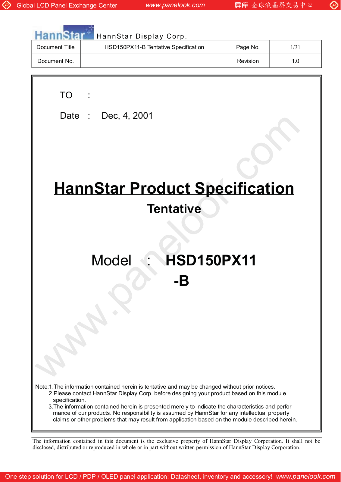 HannStar HSD150PX11-B00 Specification