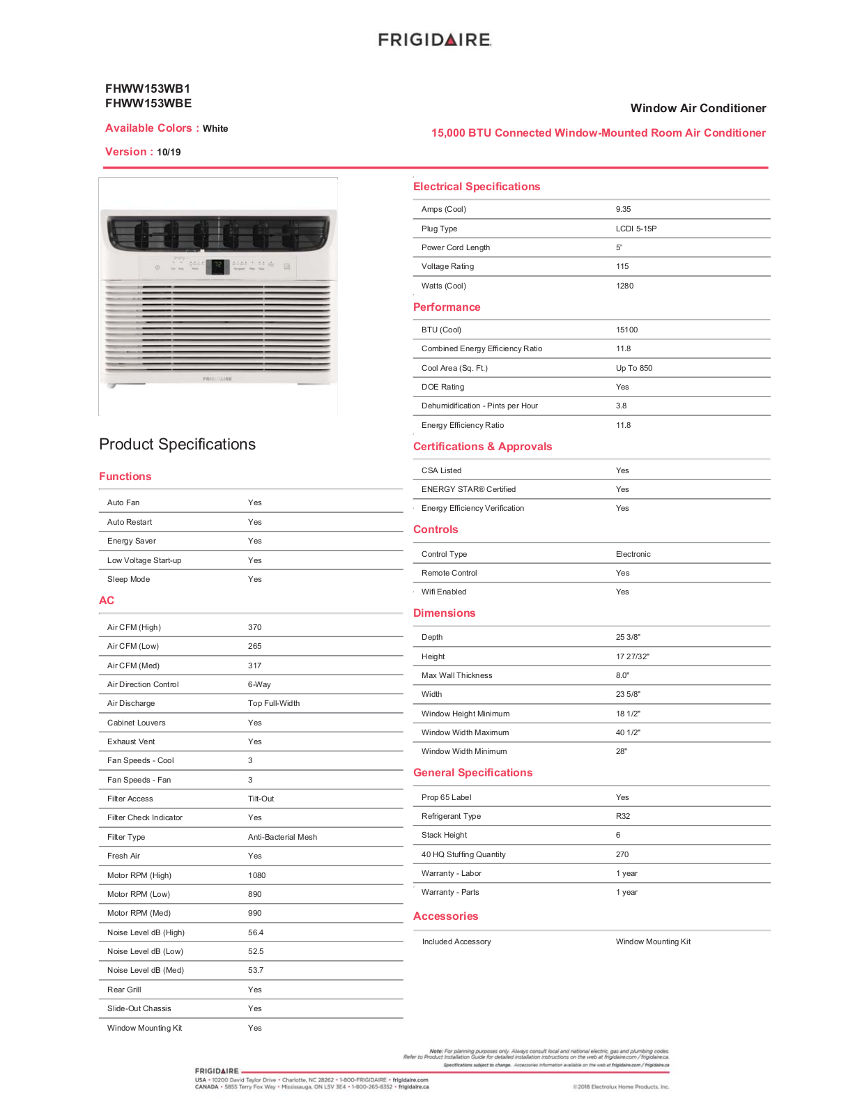 Frigidaire FHWW153WB1 Specifications