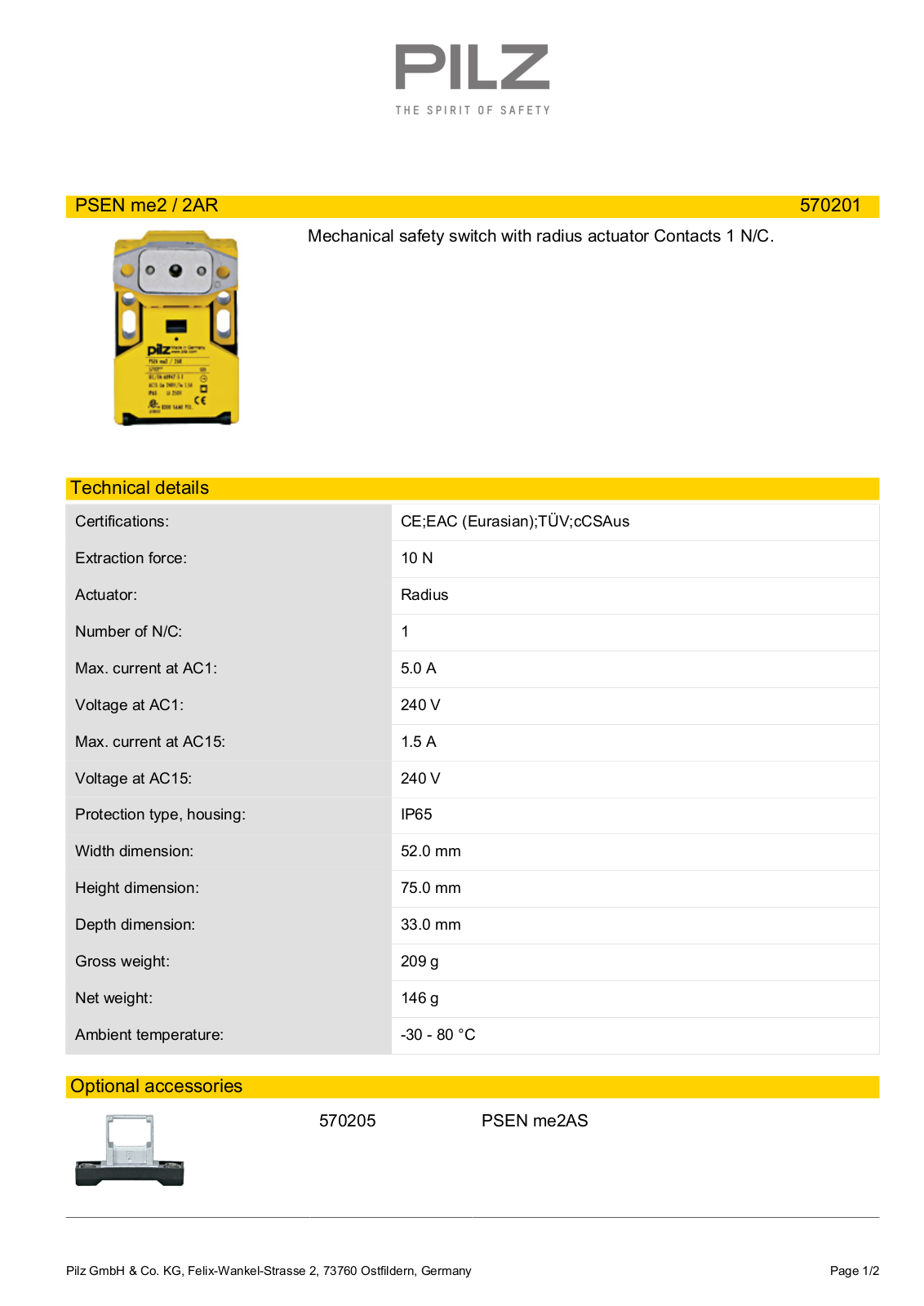 Pilz 570201 Data Sheet