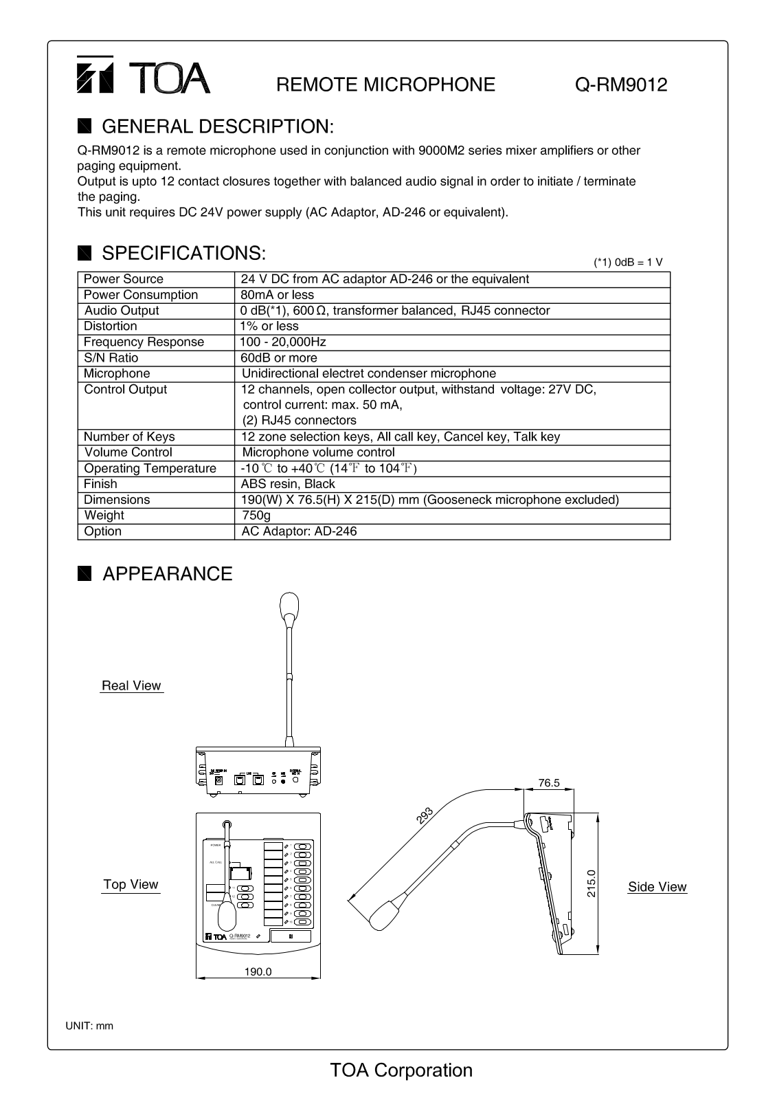 TOA Q-RM9012PS Datasheet