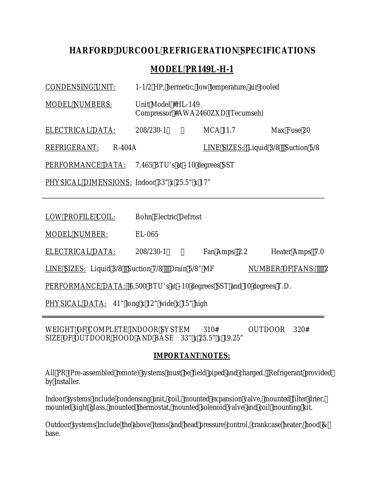 Harford PR149L-H-1 User Manual