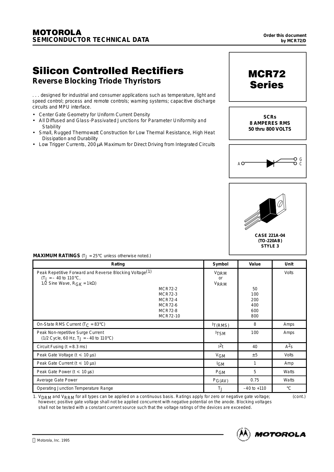 Motorola MCR72-3, MCR72-4, MCR72-6, MCR72-10, MCR72-8 Datasheet