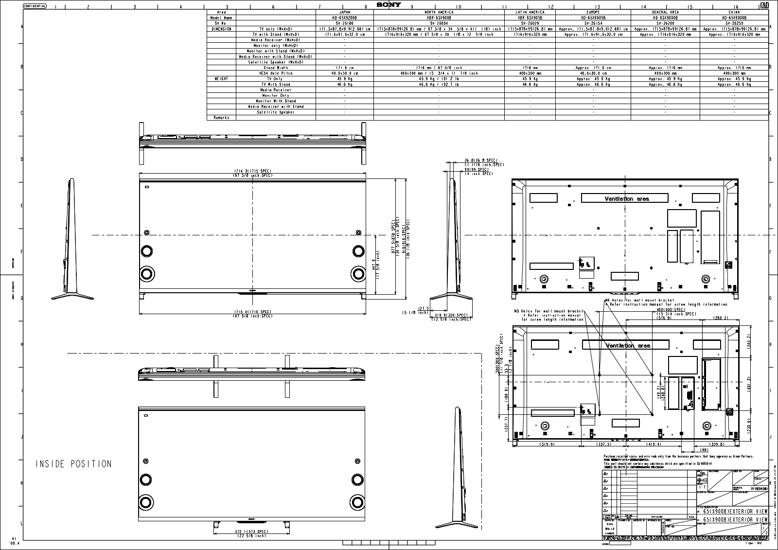 Sony XBR-65X900B Dimensions Diagram