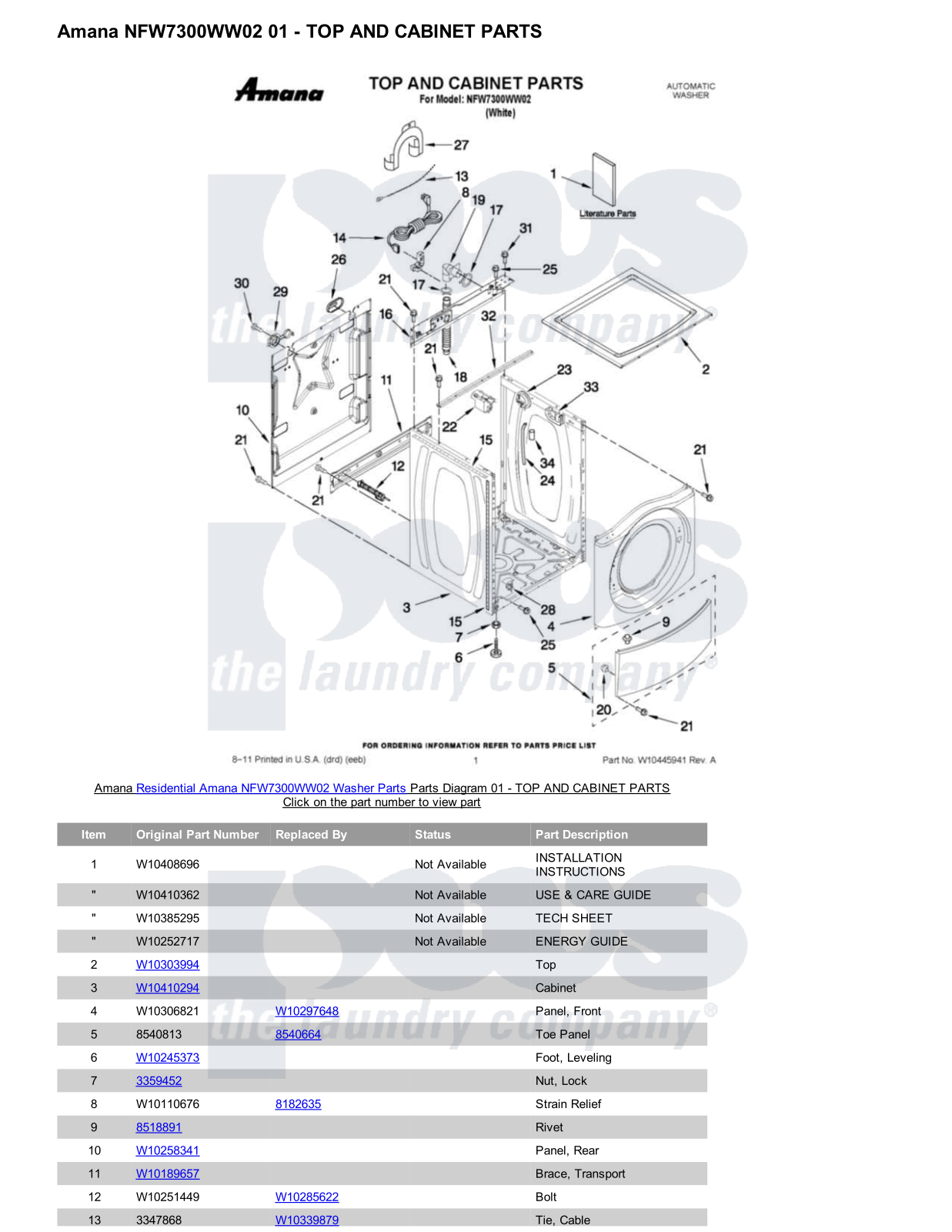 Amana NFW7300WW02 Parts Diagram