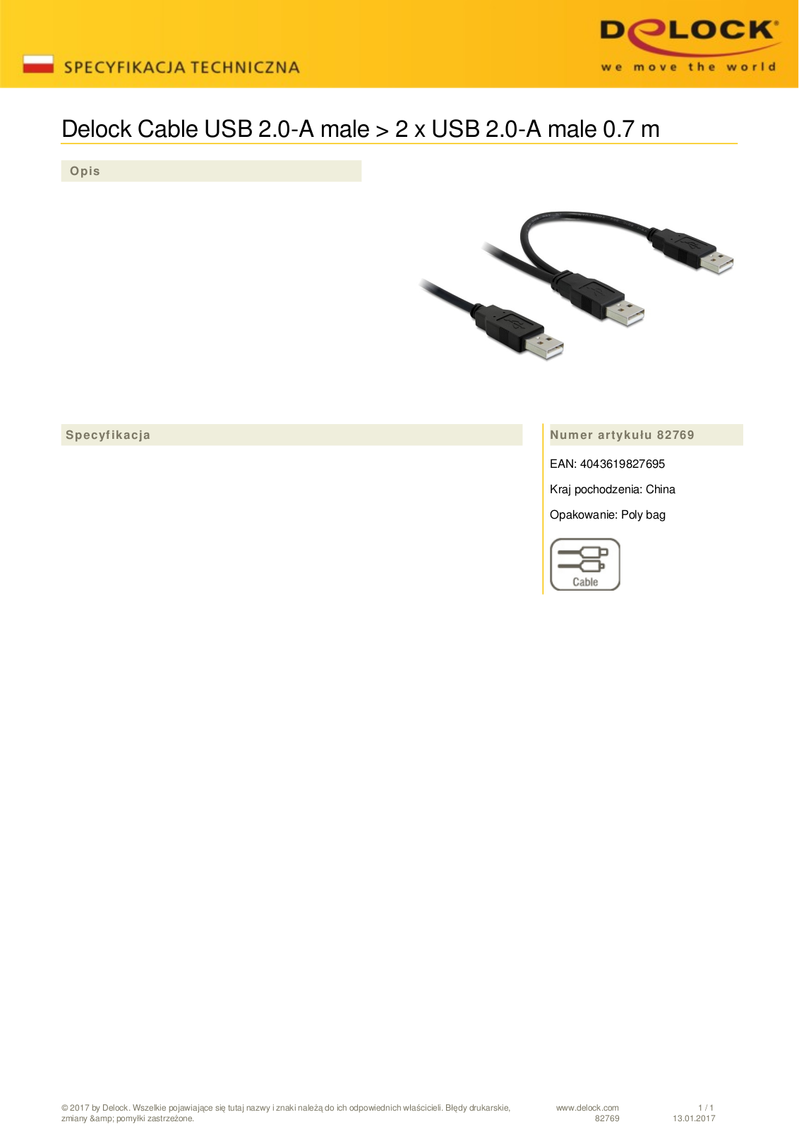 DeLOCK USB 2.0 Y cable, 1x USB-A on 2x USB-A User Manual