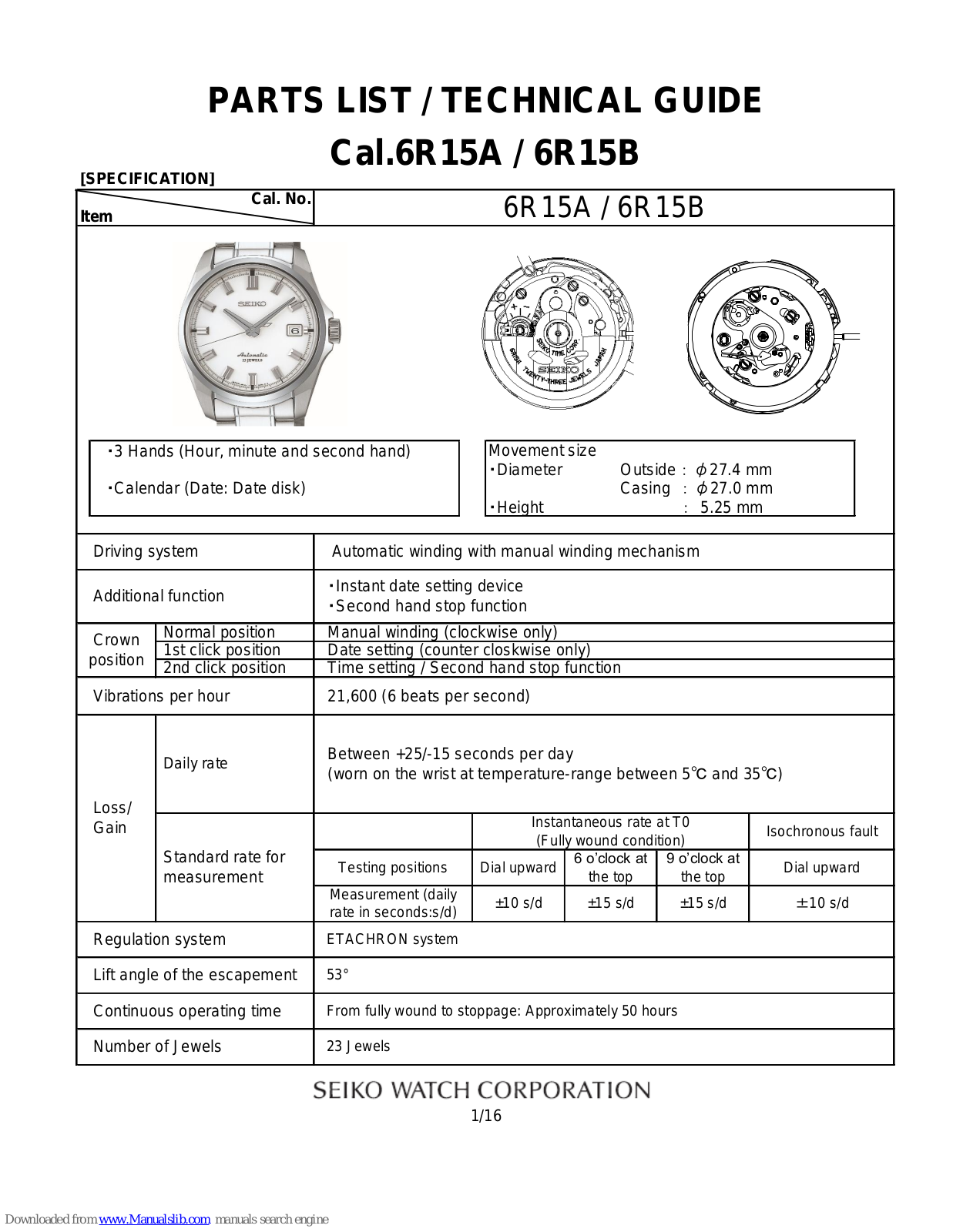 Seiko 6R15A, 6R15B Parts List/technical Manual