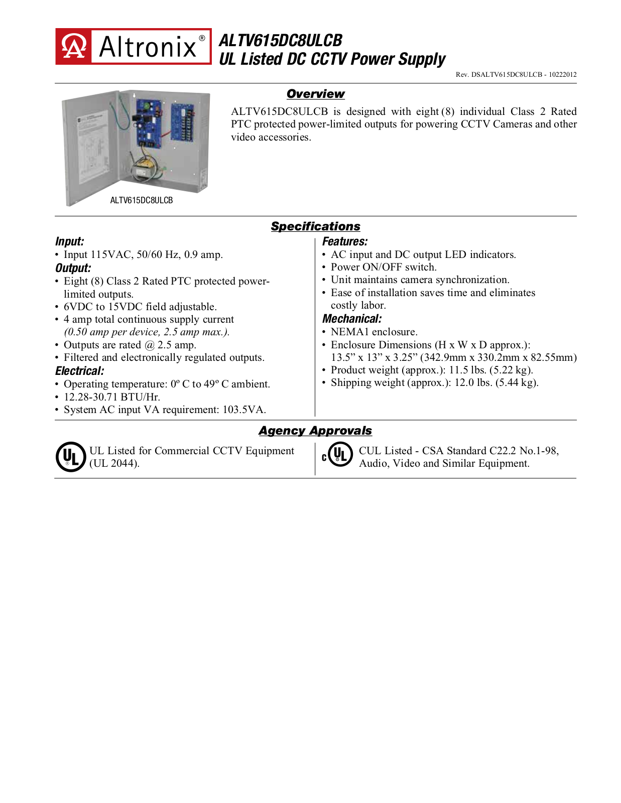 Altronix ALTV615DC8ULCB Specsheet