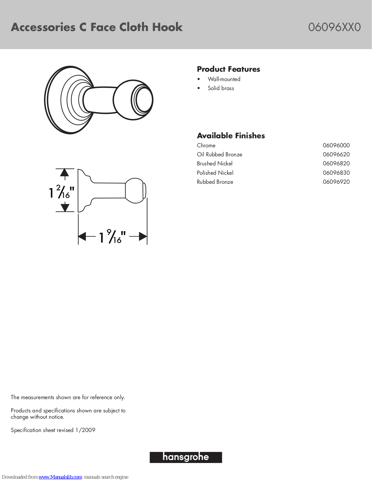 Hansgrohe 06096920, 6096000, 6096620, 6096820, 6096830 Specification Sheet