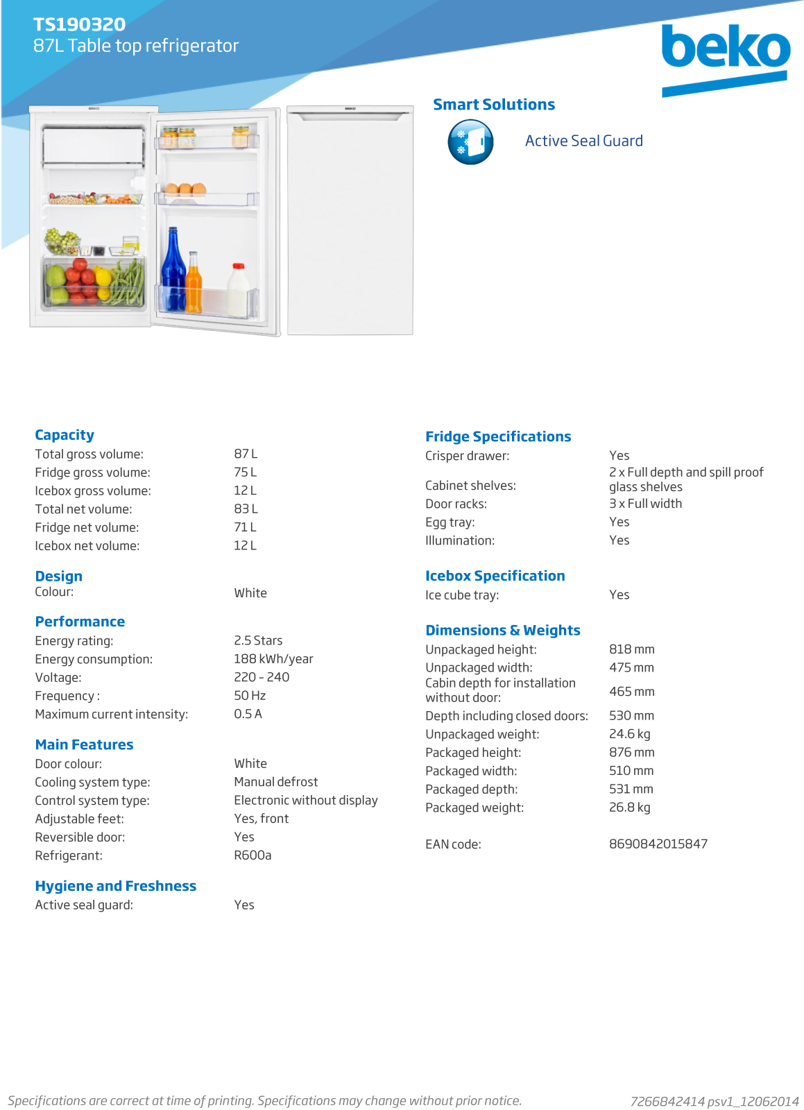 Beko TS190320 Specifications Sheet