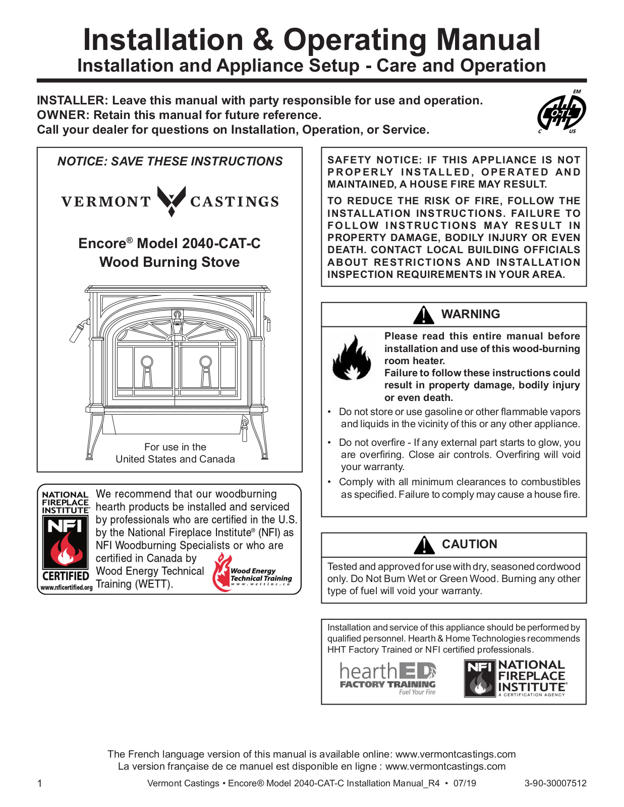 Vermont Castings Encore 2040-CAT-C, Defiant 1975-CAT-C Installation & Operating Manual