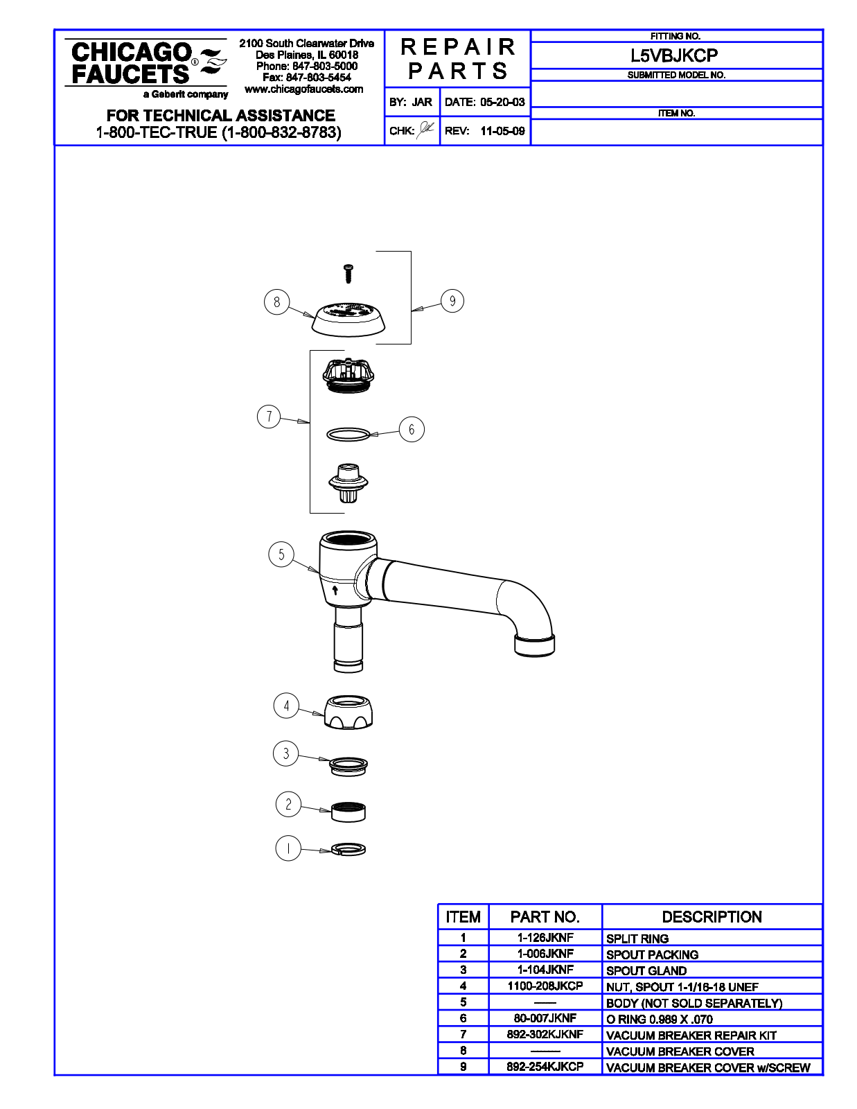 Chicago Faucet L5VBJKCP Parts List