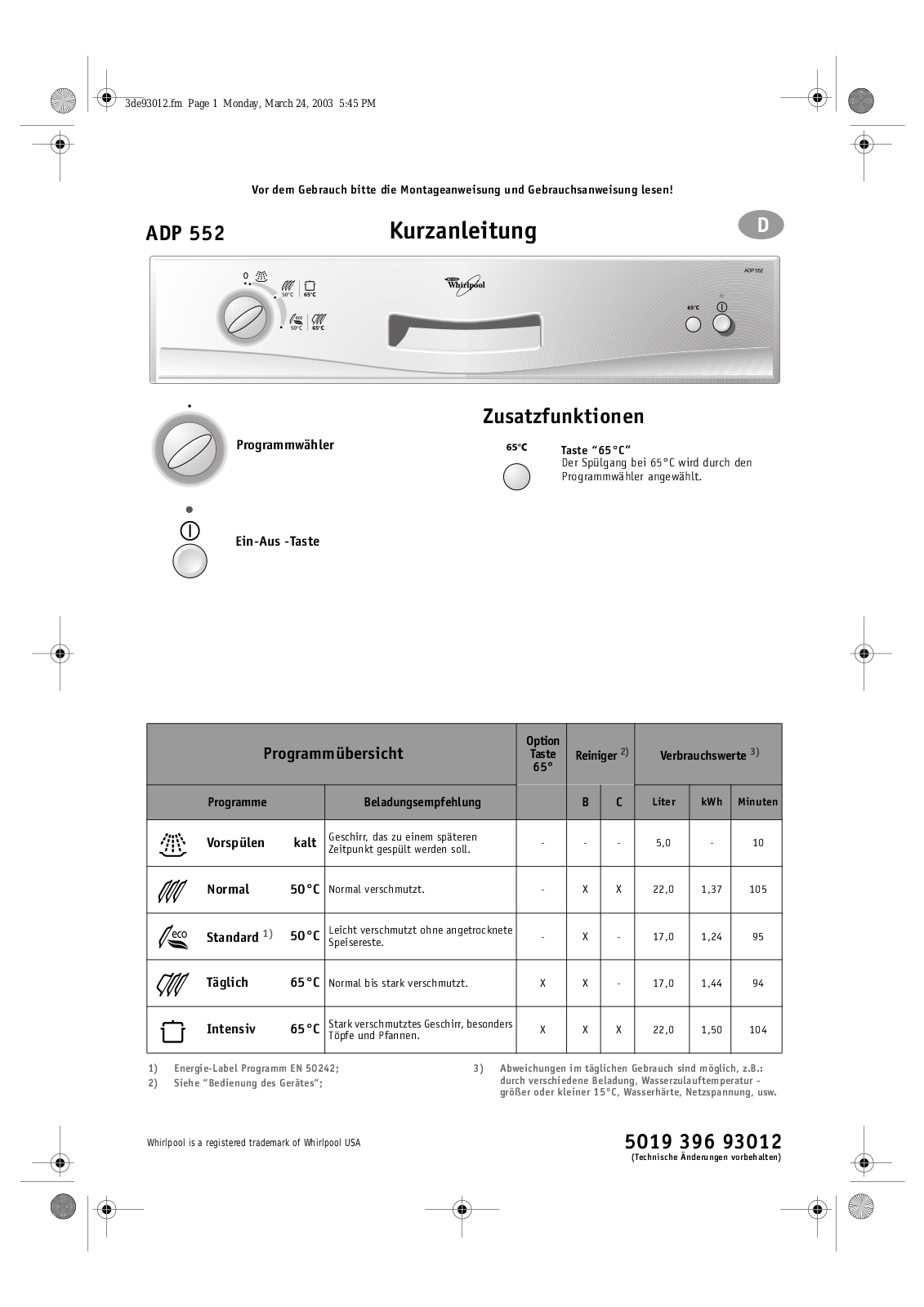 Whirlpool ADP 552 WH INSTRUCTION FOR USE