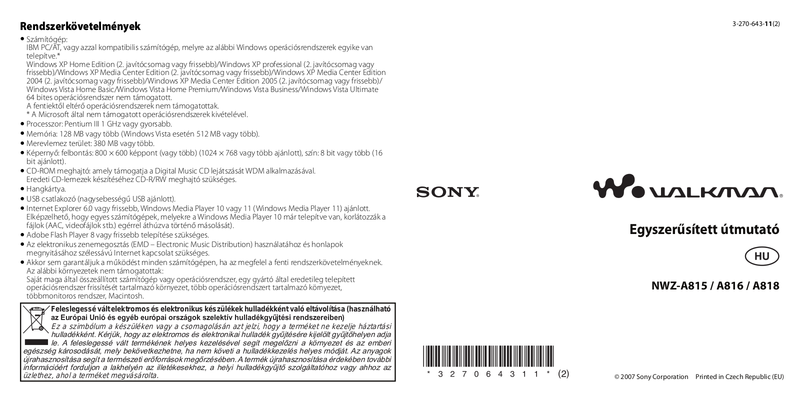 Sony NWZ-A818, NWZ-A816, NWZ-A815 User Manual