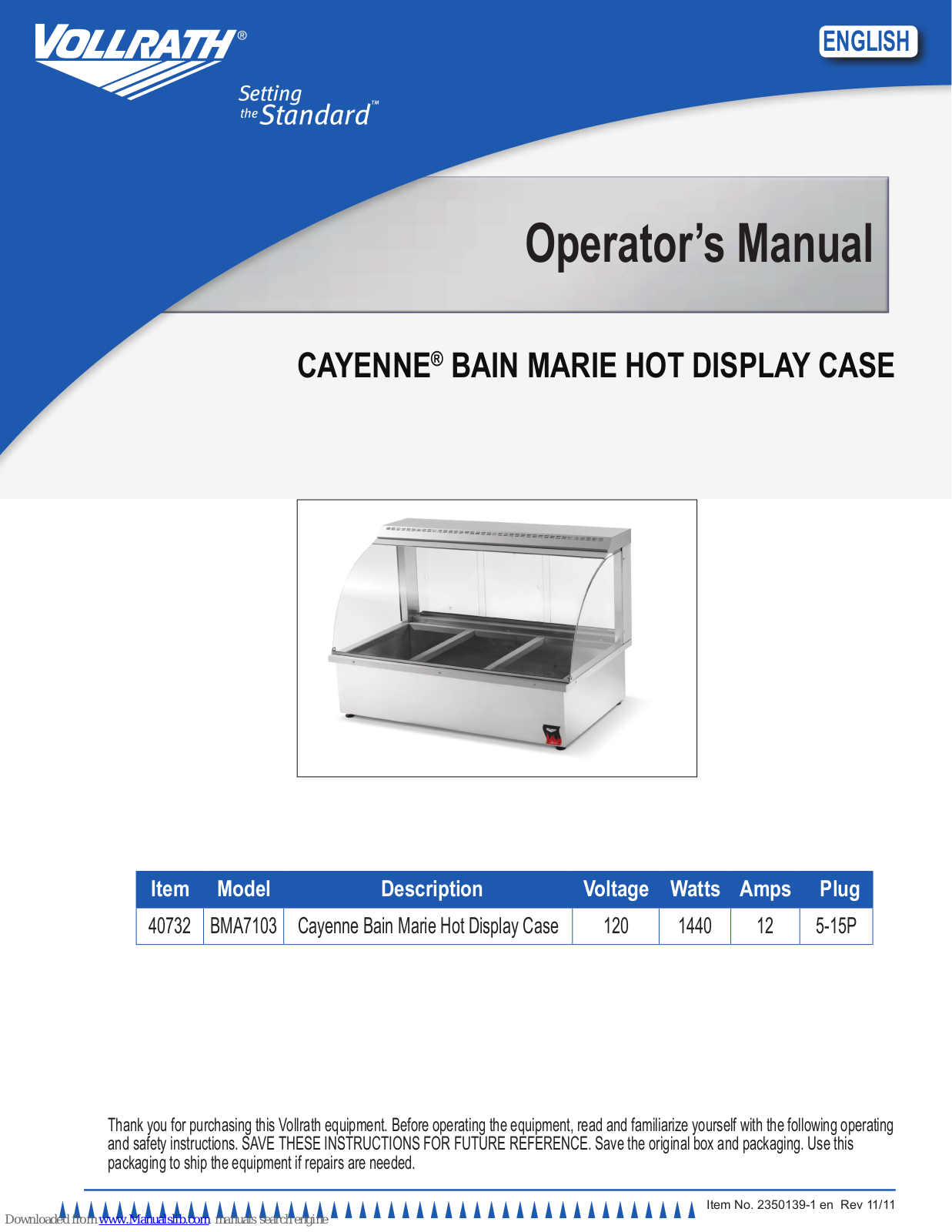 Vollrath Cayenne BMA7103 Operator's Manual