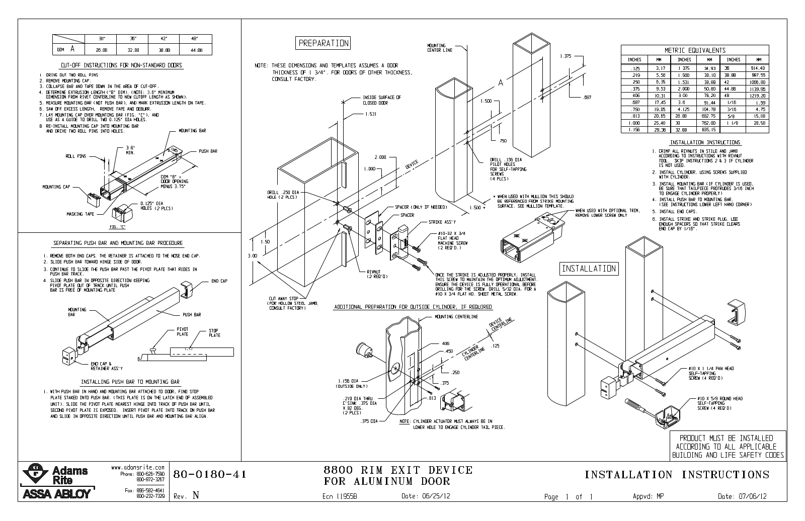 Adams Rite 8800-30-US32D, 8800-36-32DMEC, 8800-36-US3, 8800-36-US32, 8800-36-US32D Installation Instructions