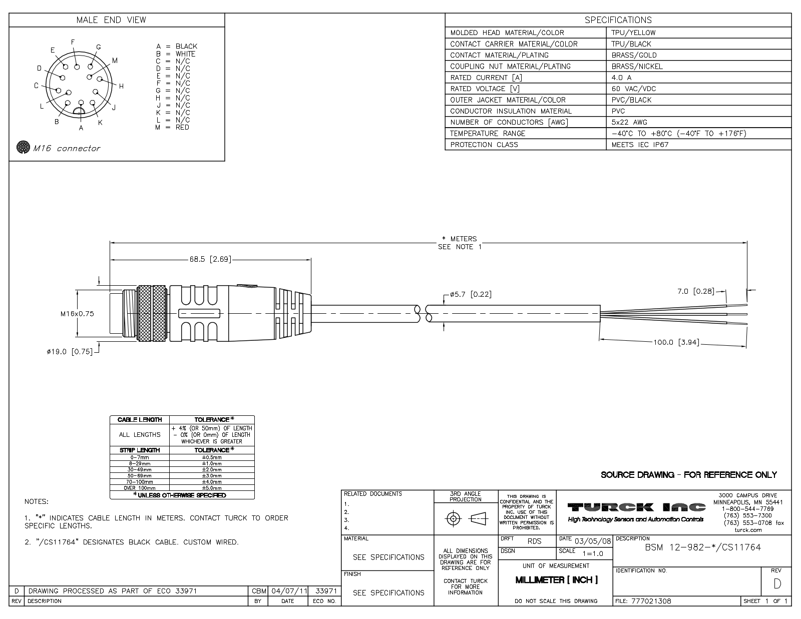 Turck BSM12-982-1.3/CS11764 Specification Sheet