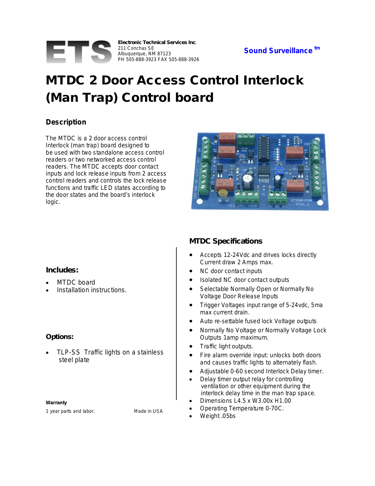 ETS MTDC-1 Specsheet