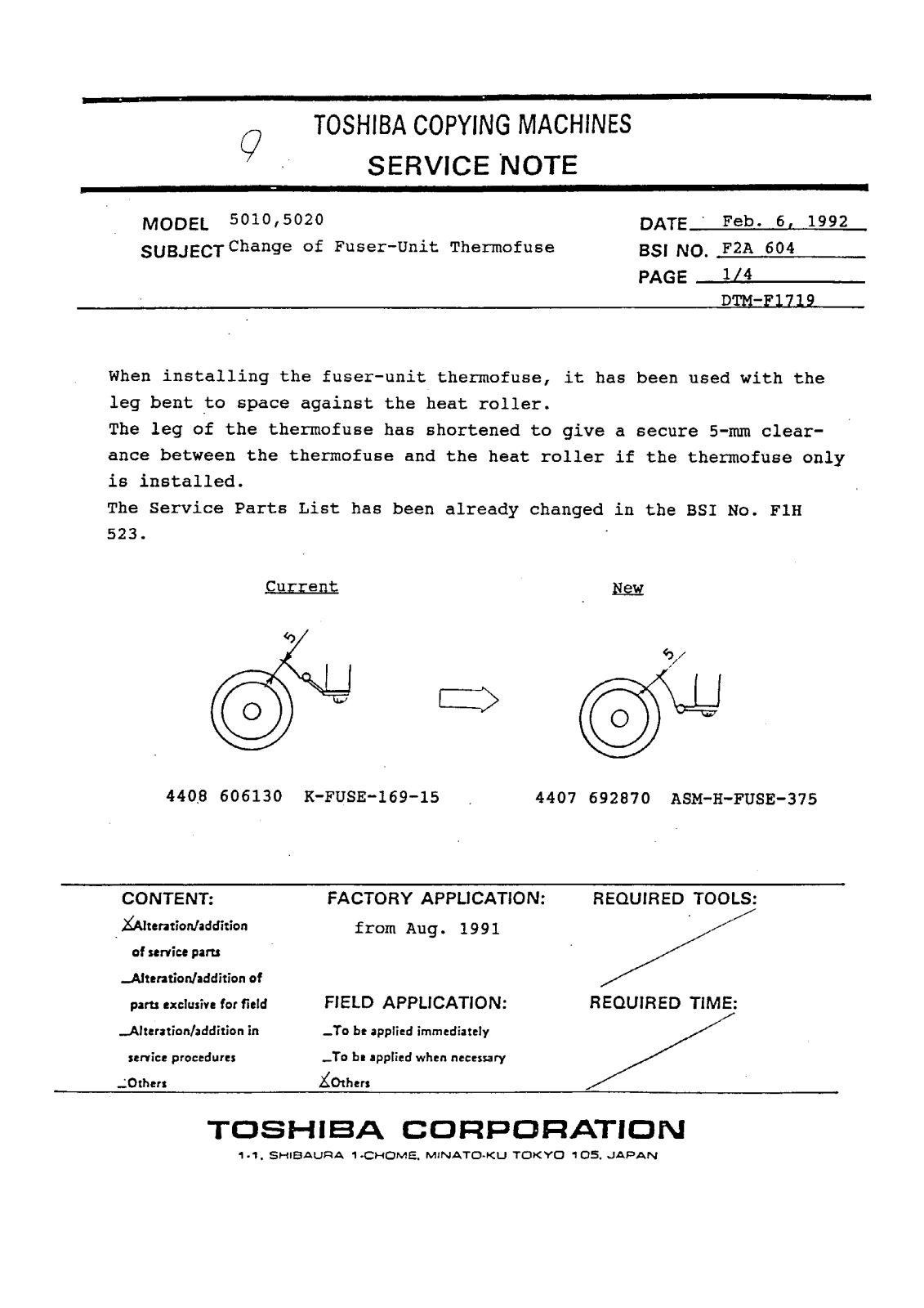 Toshiba f2a604 Service Note