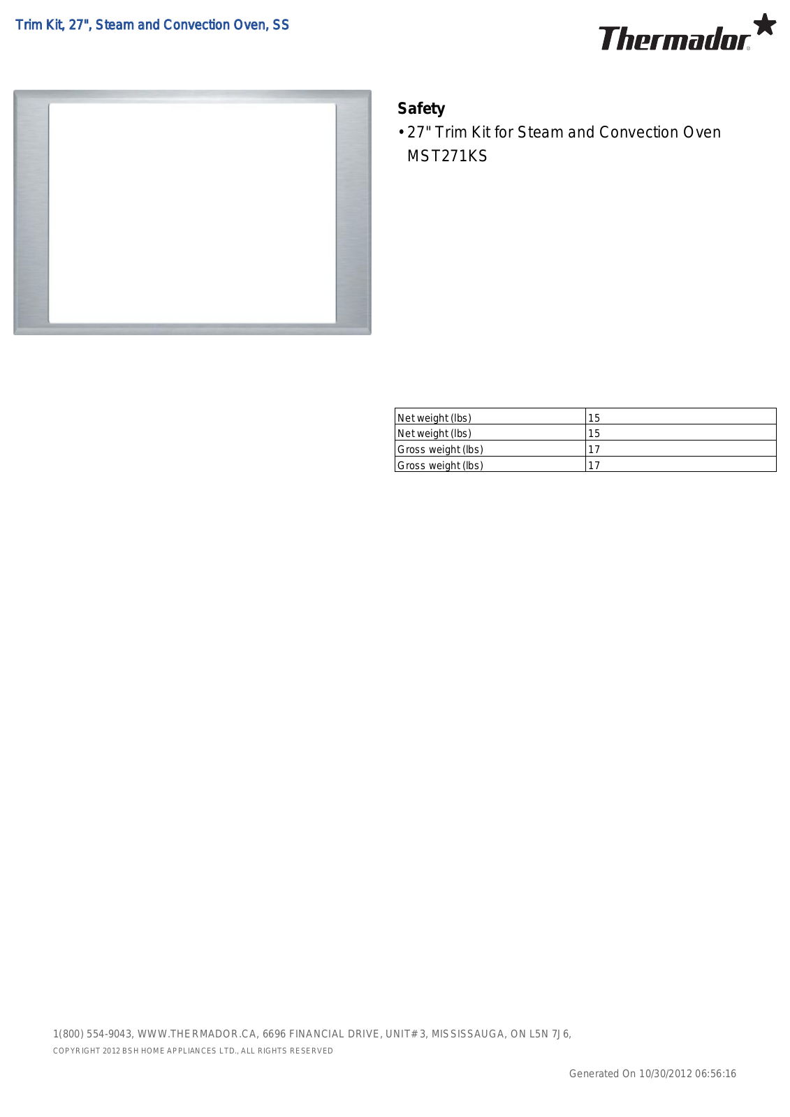 Thermador MST271KS PRODUCT SPECIFICATIONS