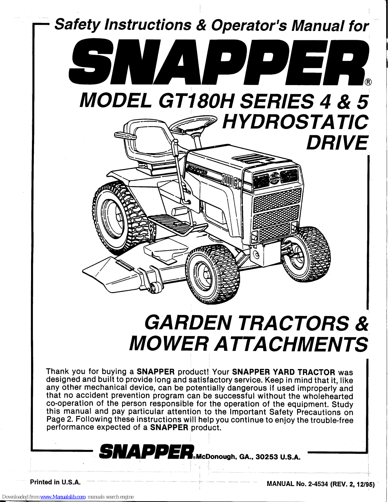 Snapper GT180H Series 4,GT180H Series 5 Safety Instructions & Operator's Manual