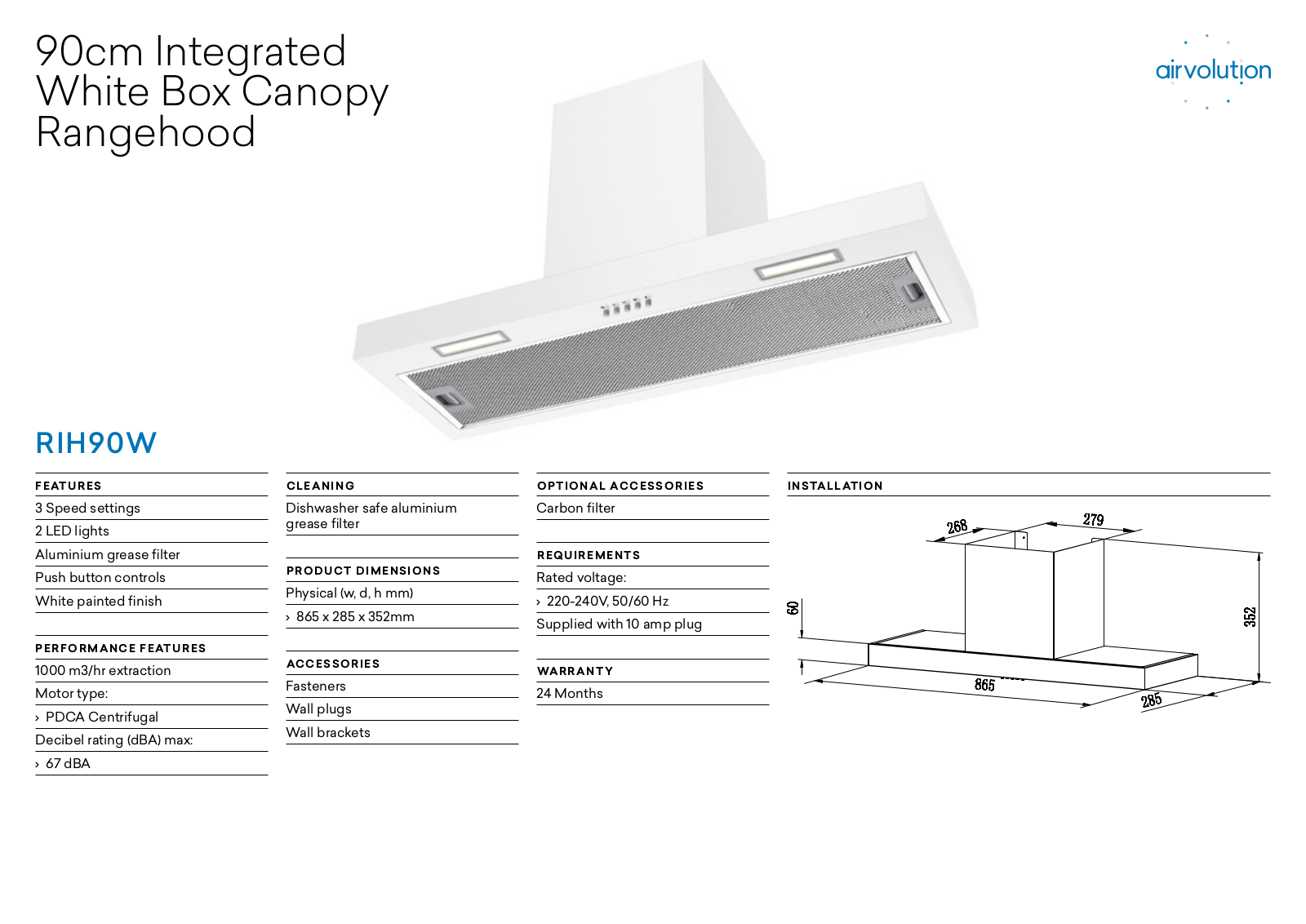 Esatto RIH90W Specifications Sheet