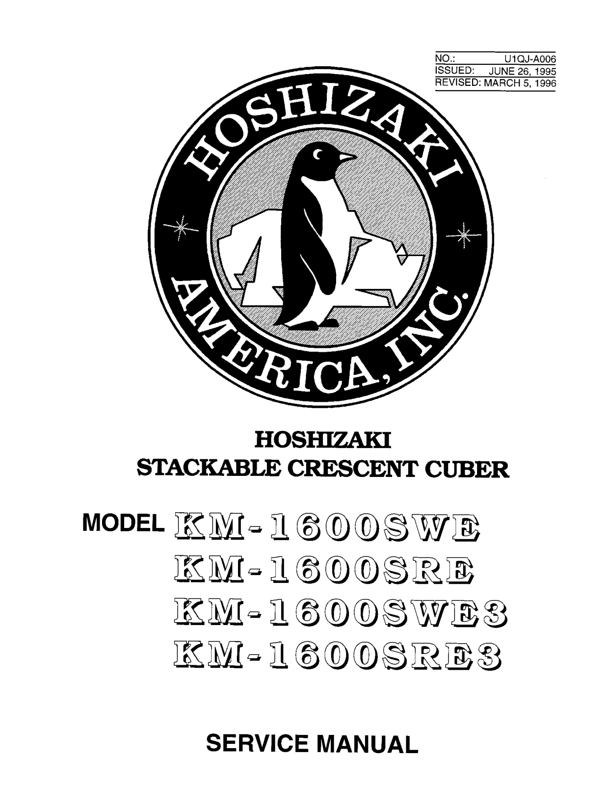 Hoshizaki KM-1600SWE, KM-1600SWE3, KM-1600SRE, KM-1600SRE3 Service Manual