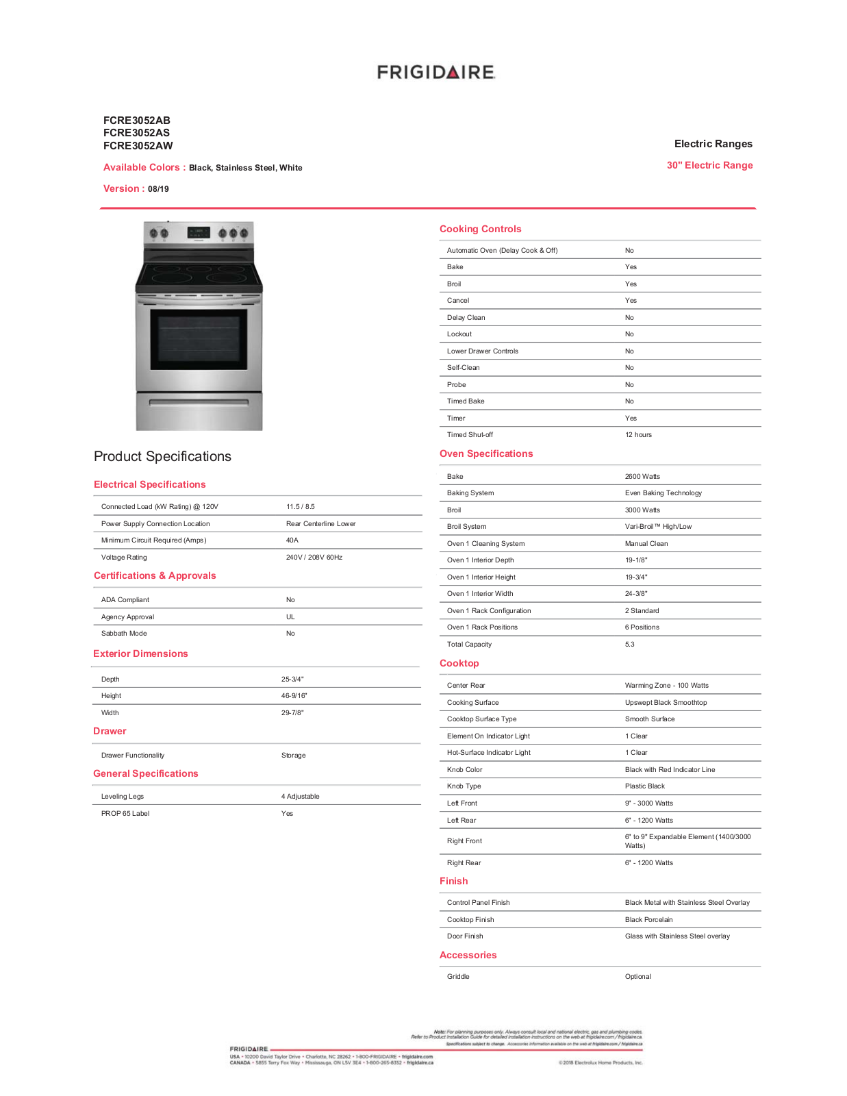 Frigidaire FCRE3052AW Specifications