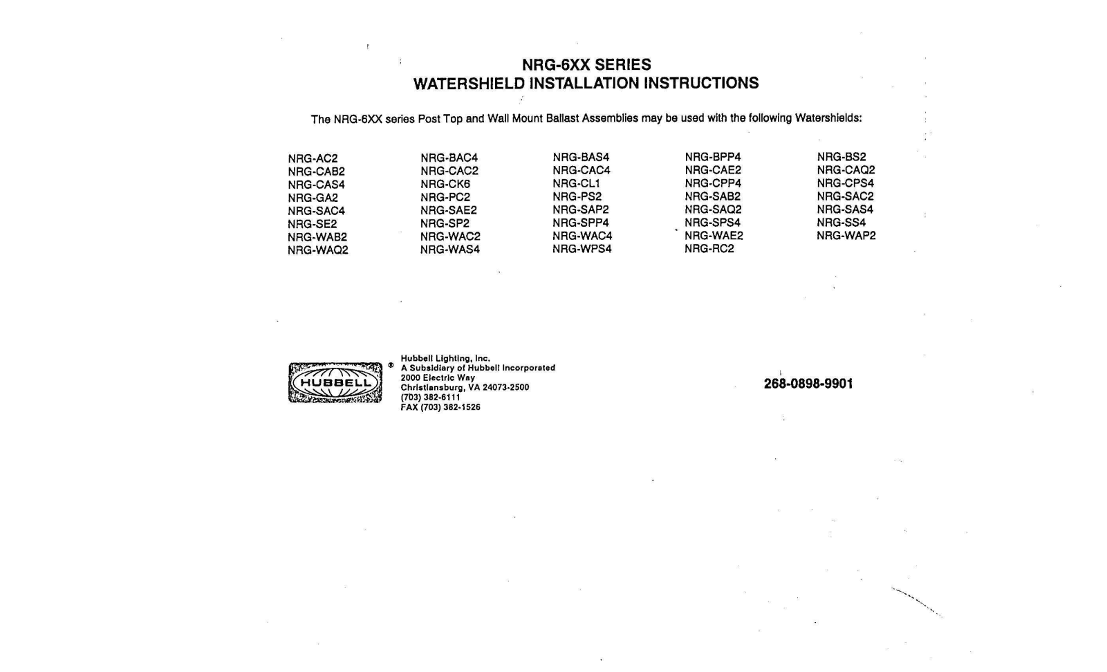 Hubbell Lighting NRG-6XX User Manual