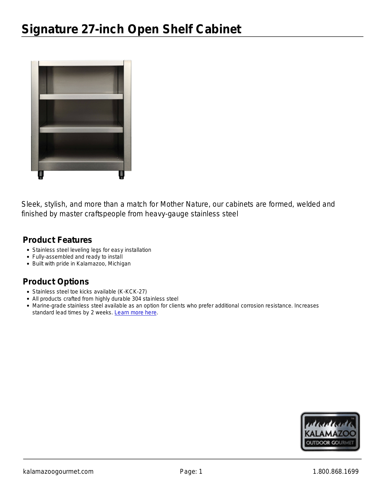 Kalamazoo Outdoor Gourmet K-OSHC-27-M6, K-OSHC-27-S4 Specifications Sheet