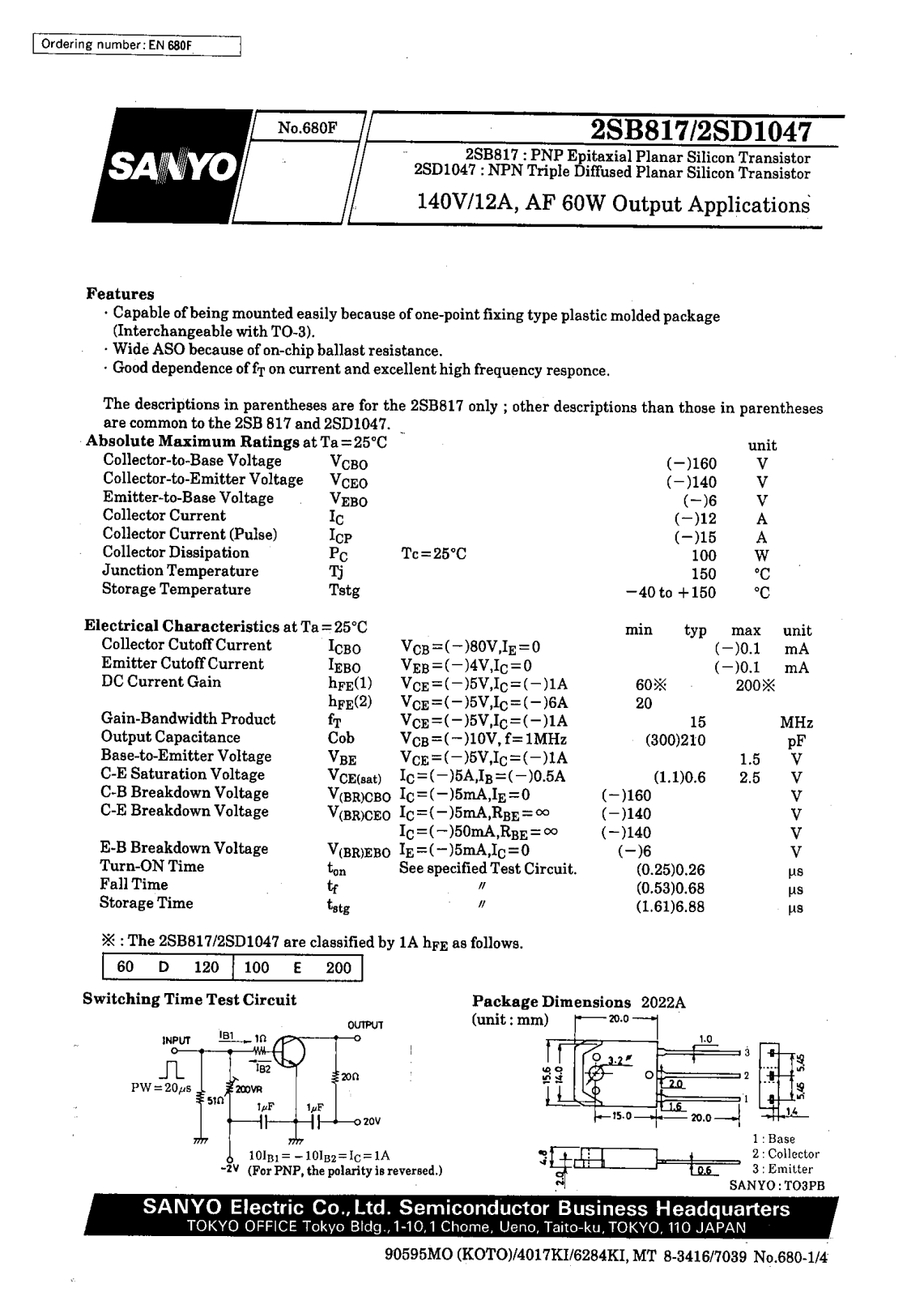 SANYO 2SD1047, 2SB817 Datasheet