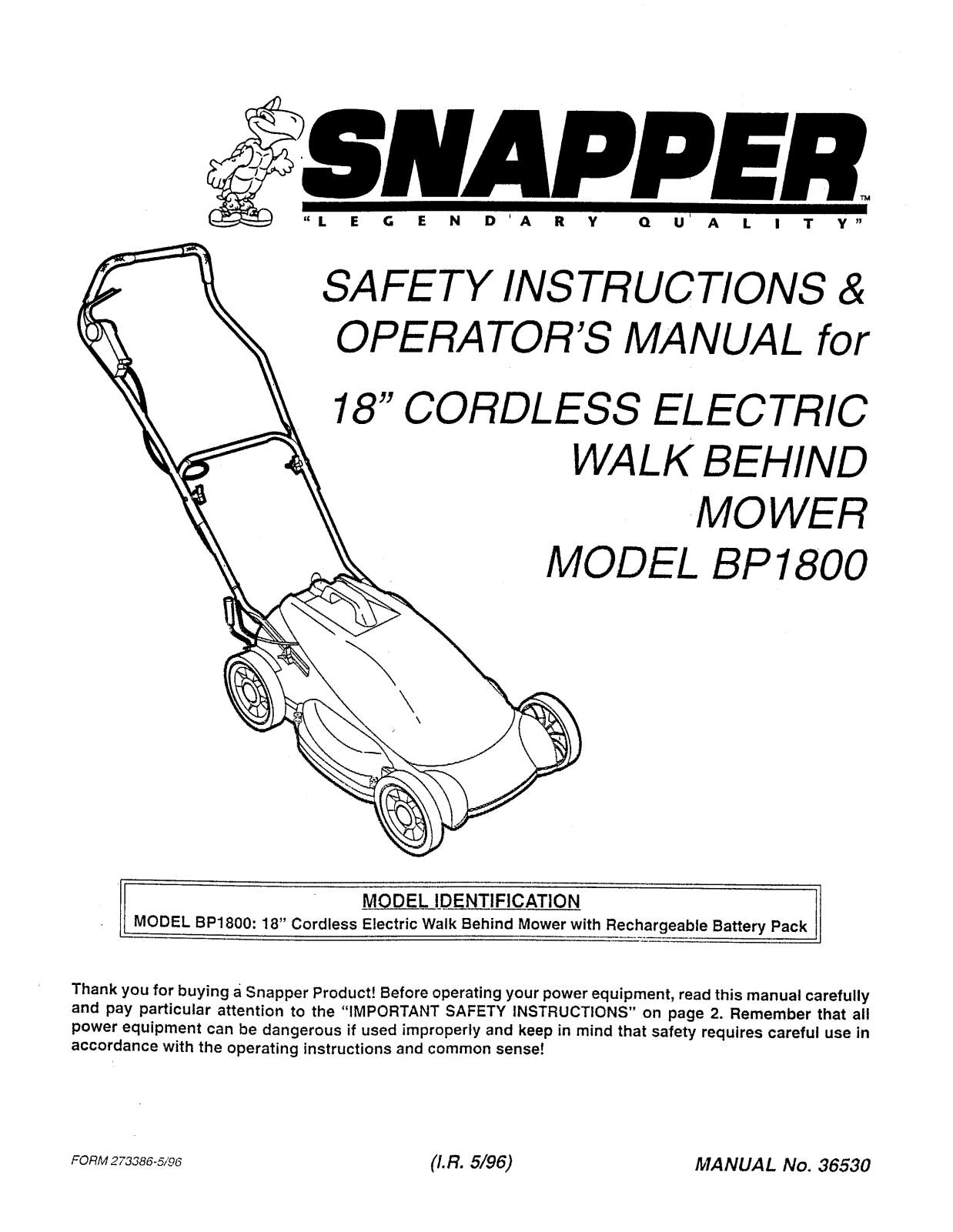 Snapper BP1800 User Manual