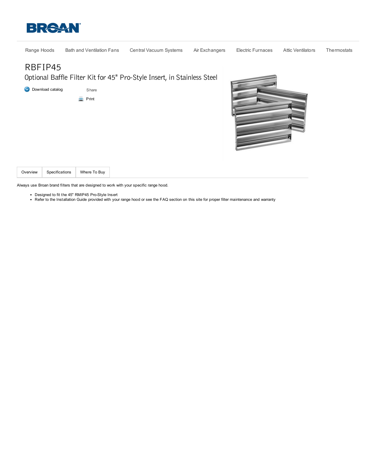 Broan RBFIP45 SPECIFICATION SHEET